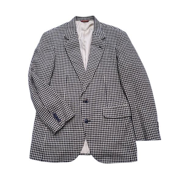 Vintage Corbin Silk Linen Blue Tan Houndstooth Blazer Jacket Sport Coat 44R - Picture 1 of 15